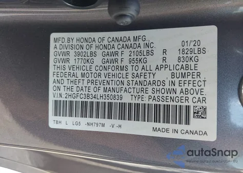 2020 Honda Civic Ex из США, поврежденный, VIN 2HGFC3B34LH350839
